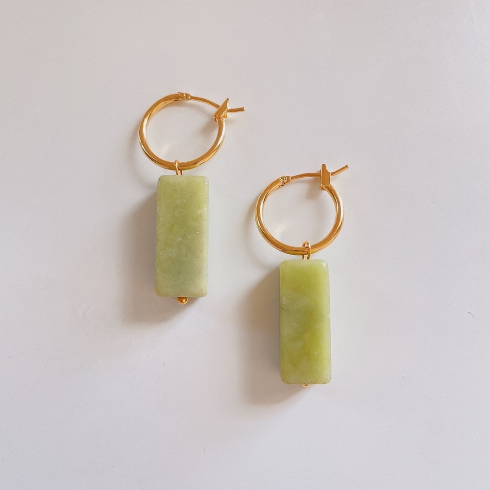 Gold plated brass matcha avocado Olive jade earrings